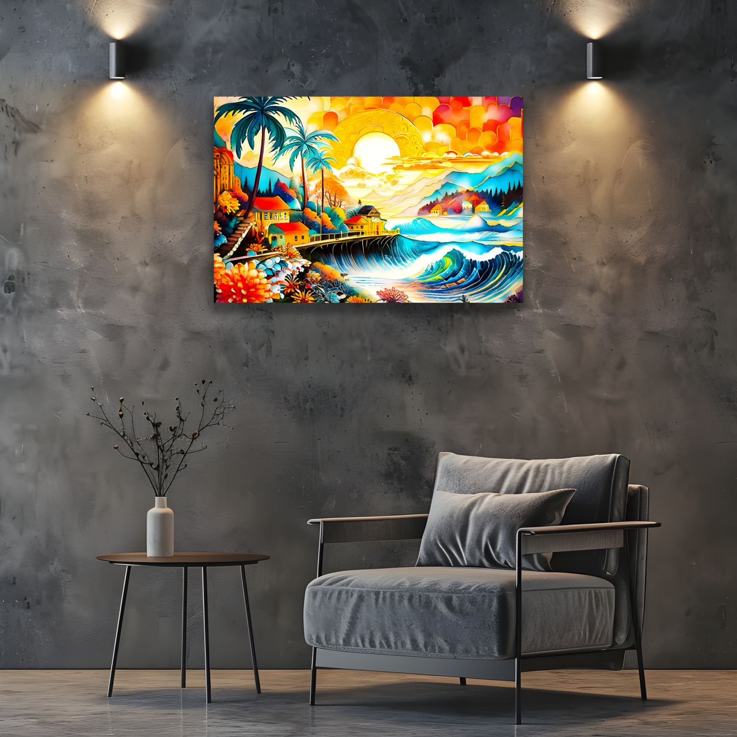 Colorful abstract painting on a textured wall above a gray armchair.
