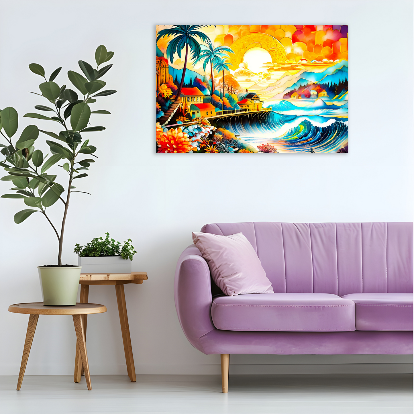 Colorful tropical landscape painting on a wall above a purple sofa with plants and a side table.