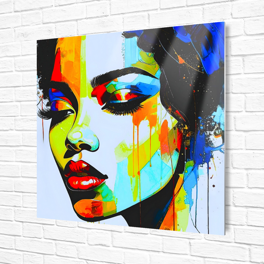 Colorful abstract art of a face on a white brick wall