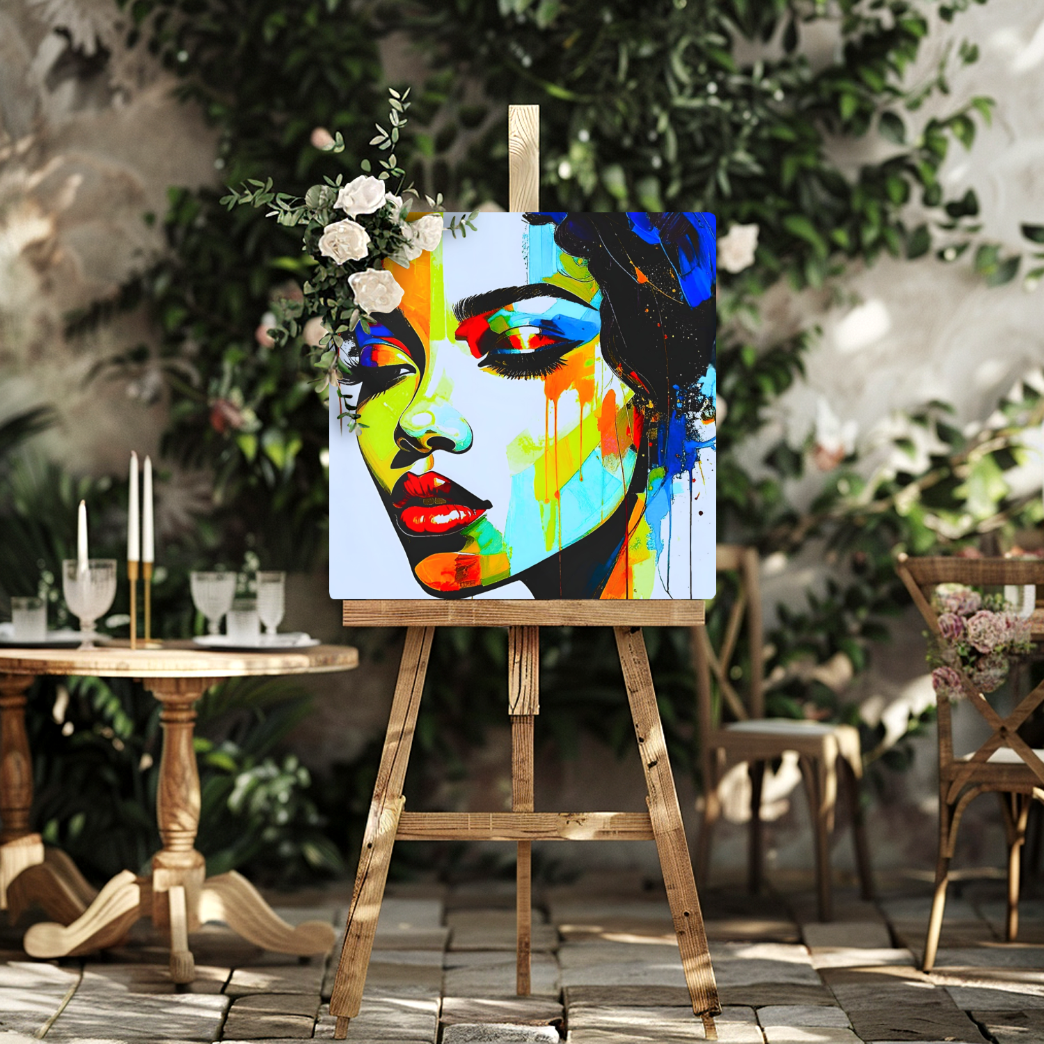 Colorful abstract painting of a face on an easel outdoors with greenery and a table in the background.