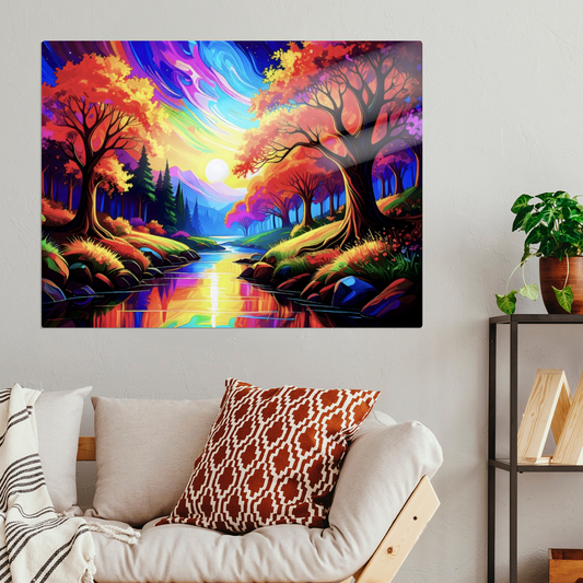 Colorful forest painting on a wall above a sofa with decorative pillows.