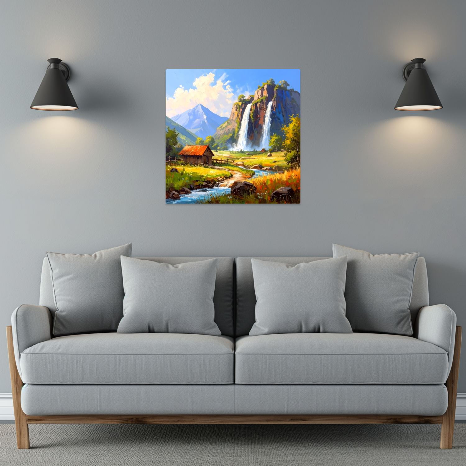 Gray sofa in a living room with a scenic painting of a waterfall on the wall.