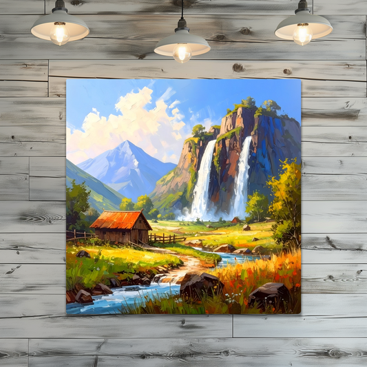 Painting of a mountain landscape with a waterfall on a wooden wall.