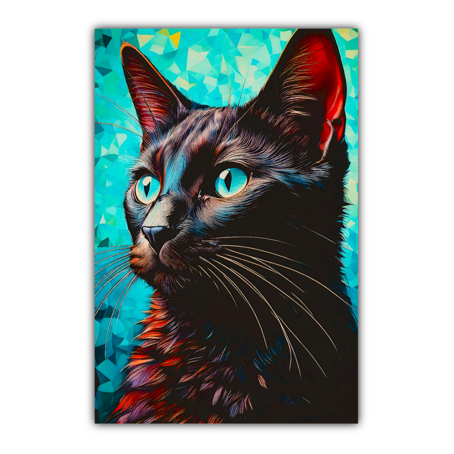 Colourful painting of a black cat with lovely blue eyes.