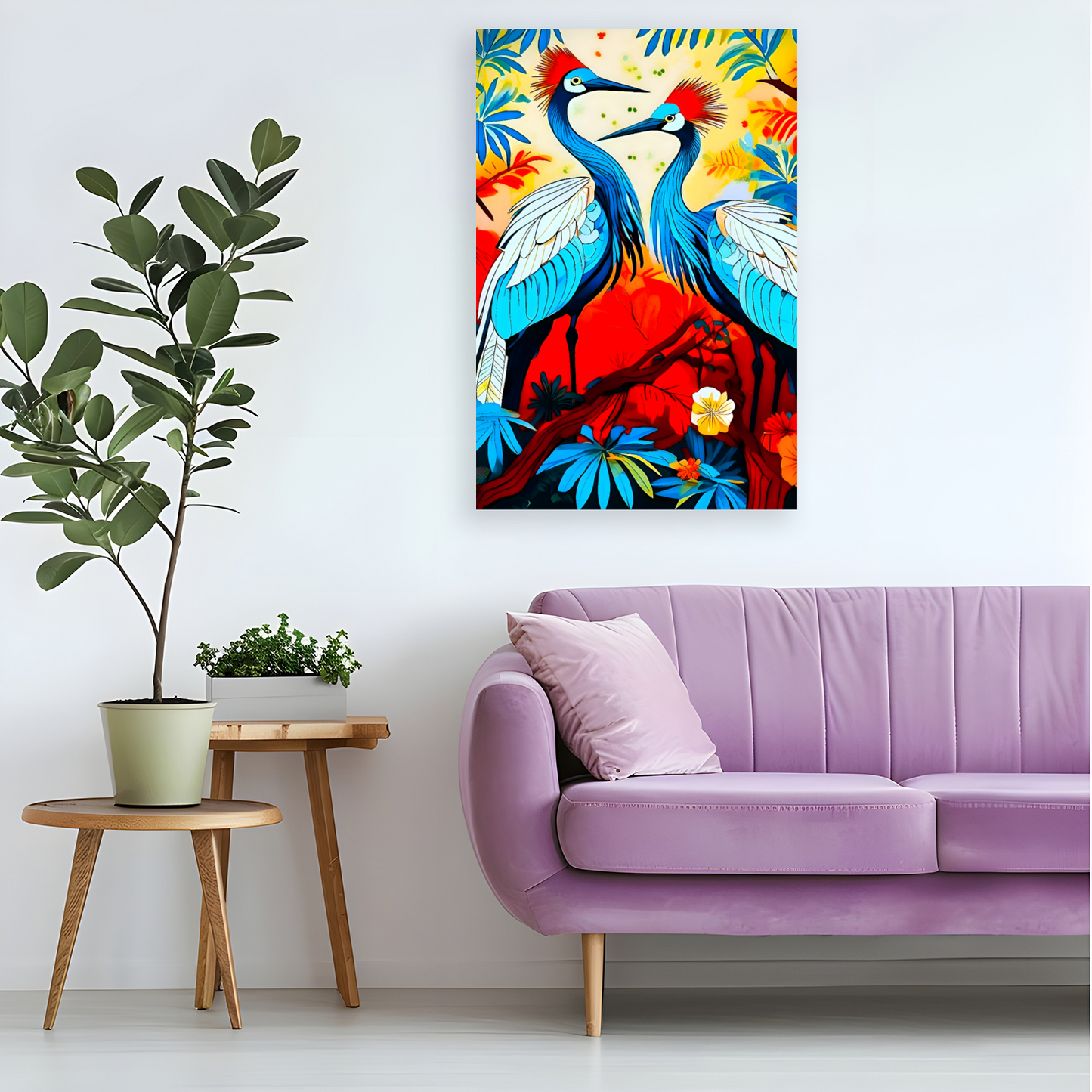 Colourful abstract painting of cranes in the trees, on a wall above a purple sofa with plants and a side table.