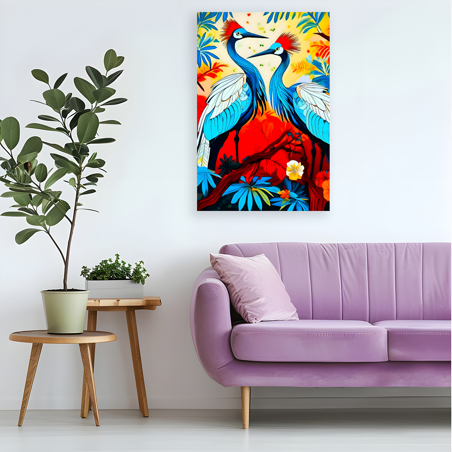 Colourful abstract painting of cranes in the trees, on a wall above a purple sofa with plants and a side table.