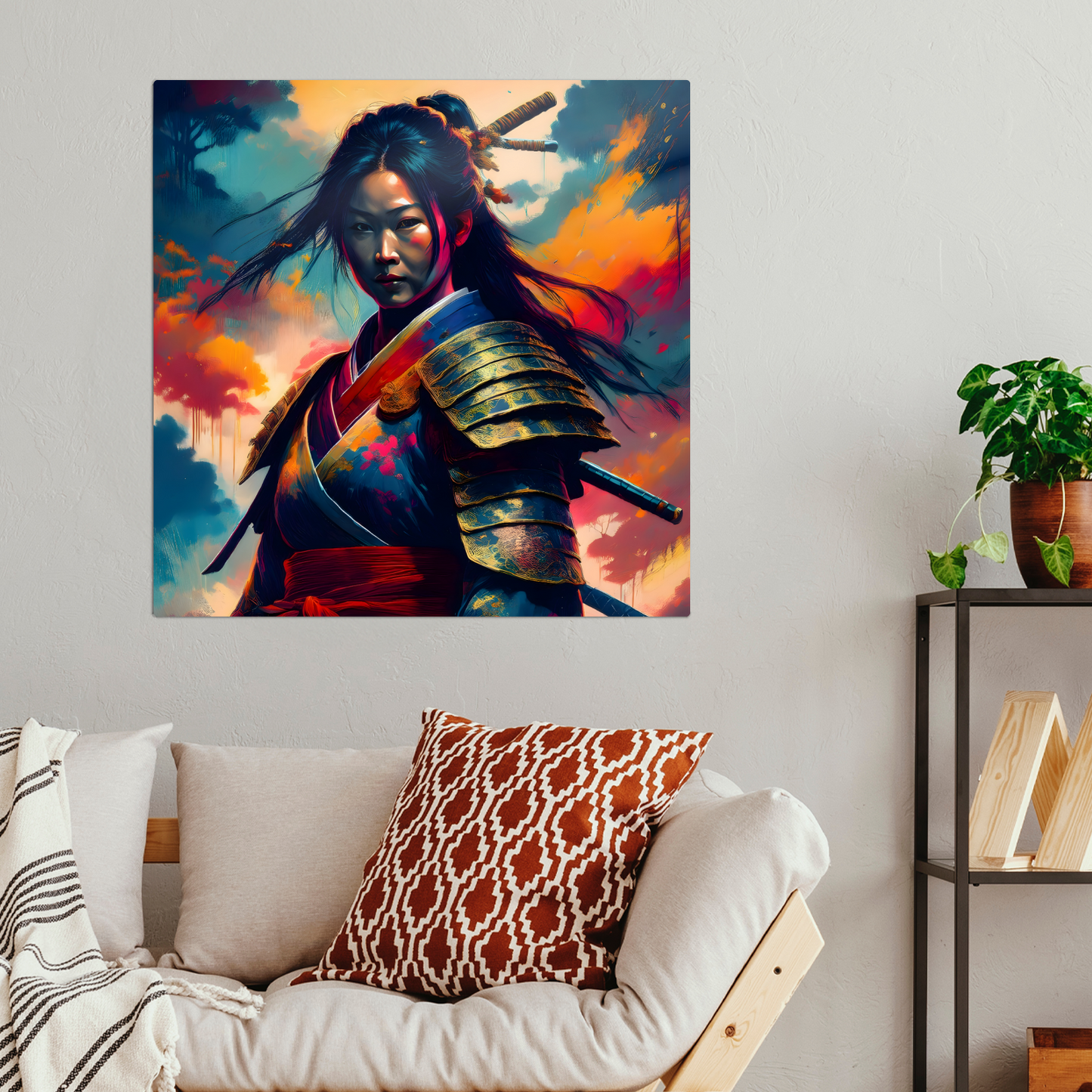 Colorful artwork of a warrior on a wall above a sofa with decorative pillows.