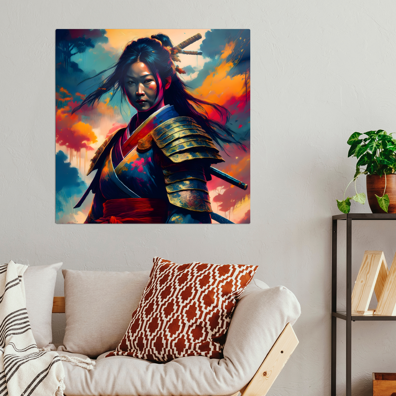 Colorful artwork of a warrior on a wall above a sofa with decorative pillows.