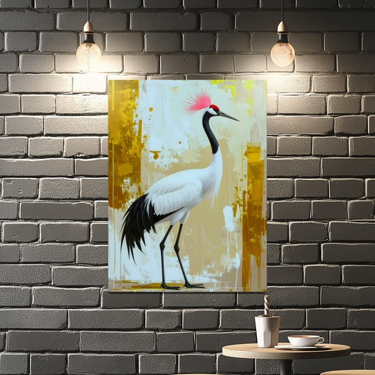 Painting of a crane on a brick wall with a table and cup below.