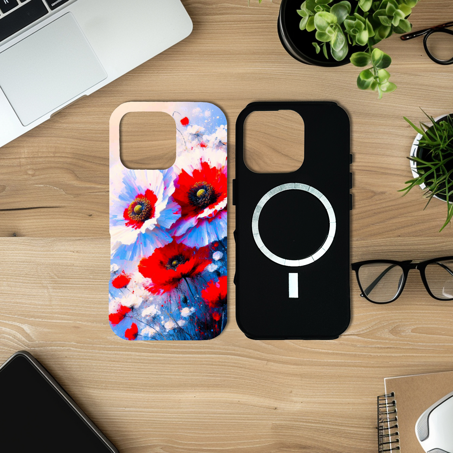 Red, White Poppy, MagSafe Tough iPhone Case, Full Wrap Technology, Crafted From Premium Polycarbonate, Unique Image...