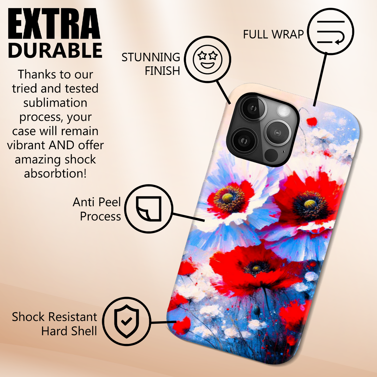 Red, White Poppy, MagSafe Tough iPhone Case, Full Wrap Technology, Crafted From Premium Polycarbonate, Unique Image...