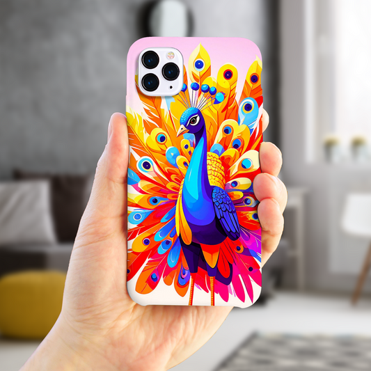 Phone case with a colorful peacock design held by a hand in a blurred indoor setting