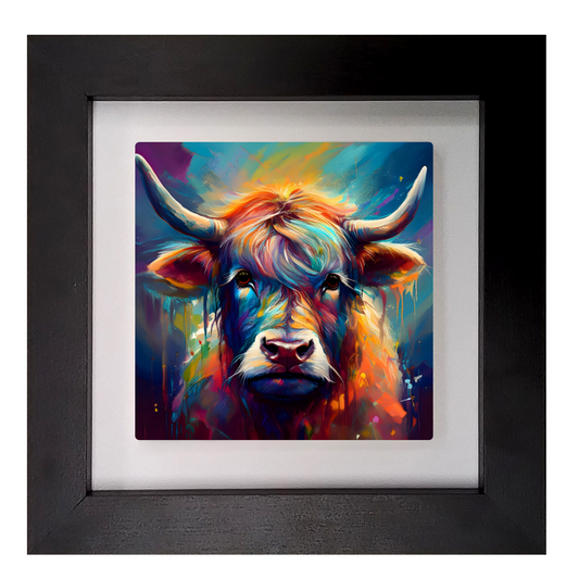 Framed colorful painting of a bull's head on a white background