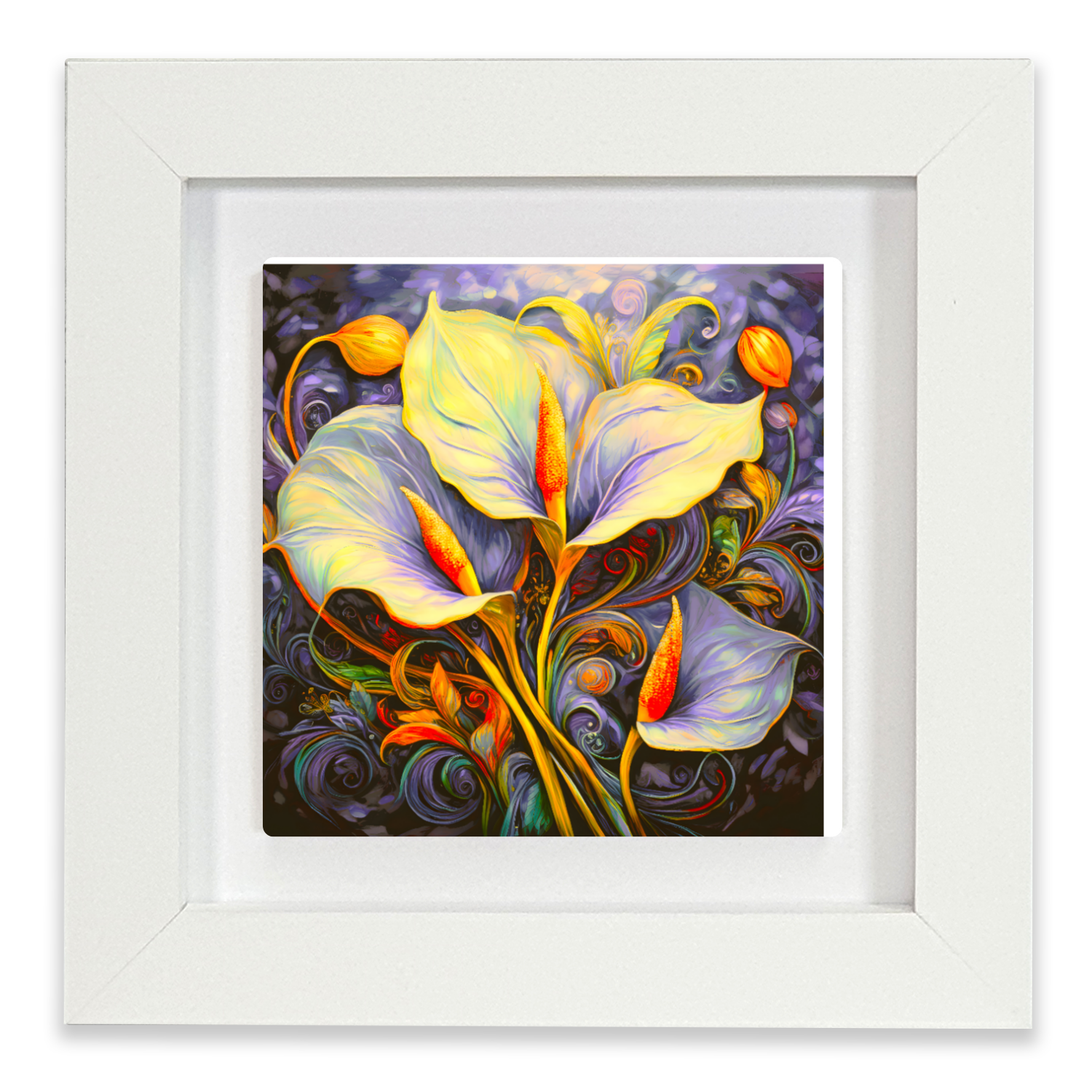 Framed artwork of colorful floral design on a white background