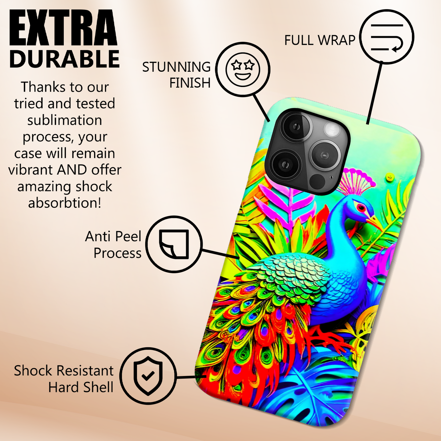 Peacock 3, Tough Phone Case, Full Wrap Technology, Crafted From Premium Polycarbonate, Great Gift Idea...