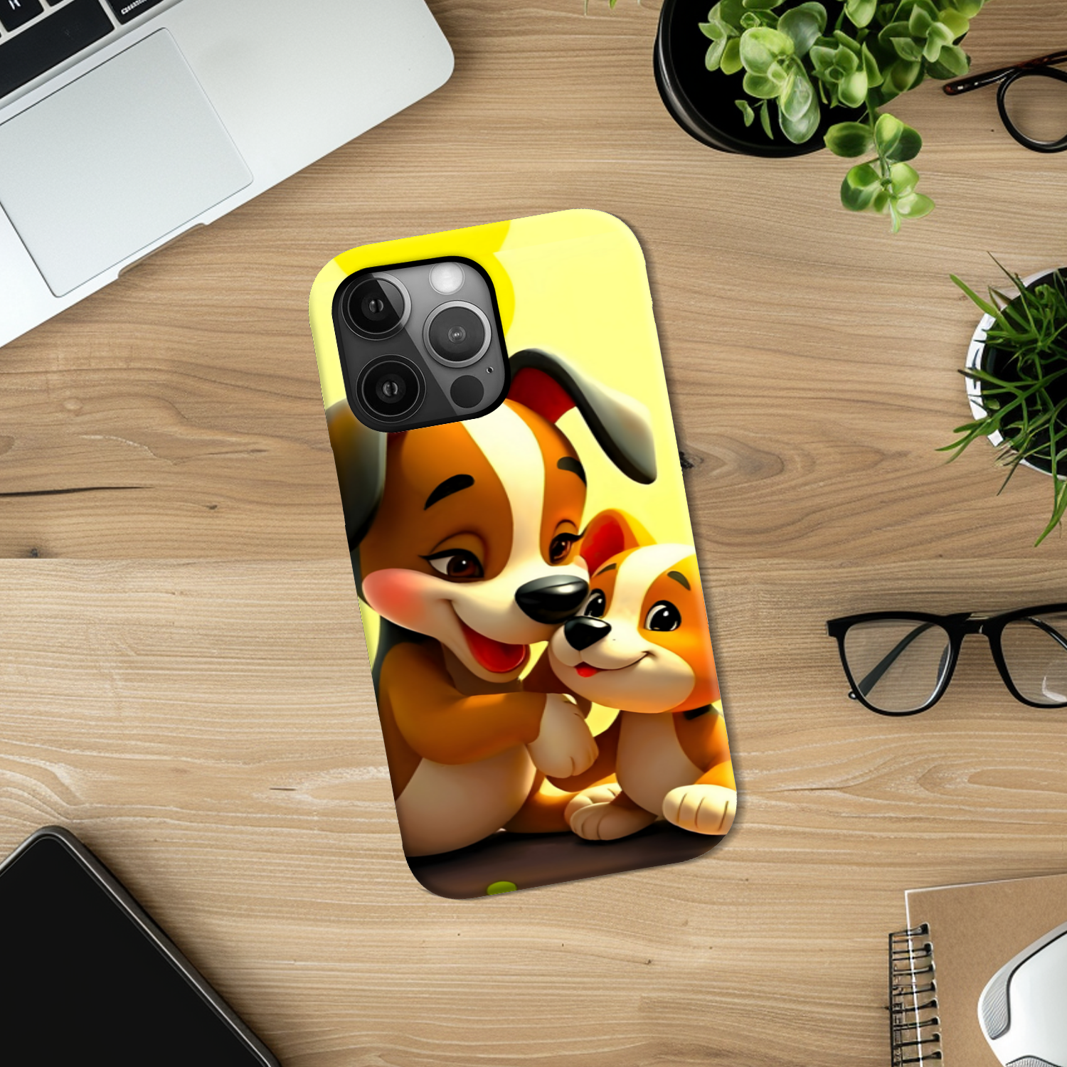 Phone case with cartoon dogs on a wooden desk with laptop, glasses, and plants.