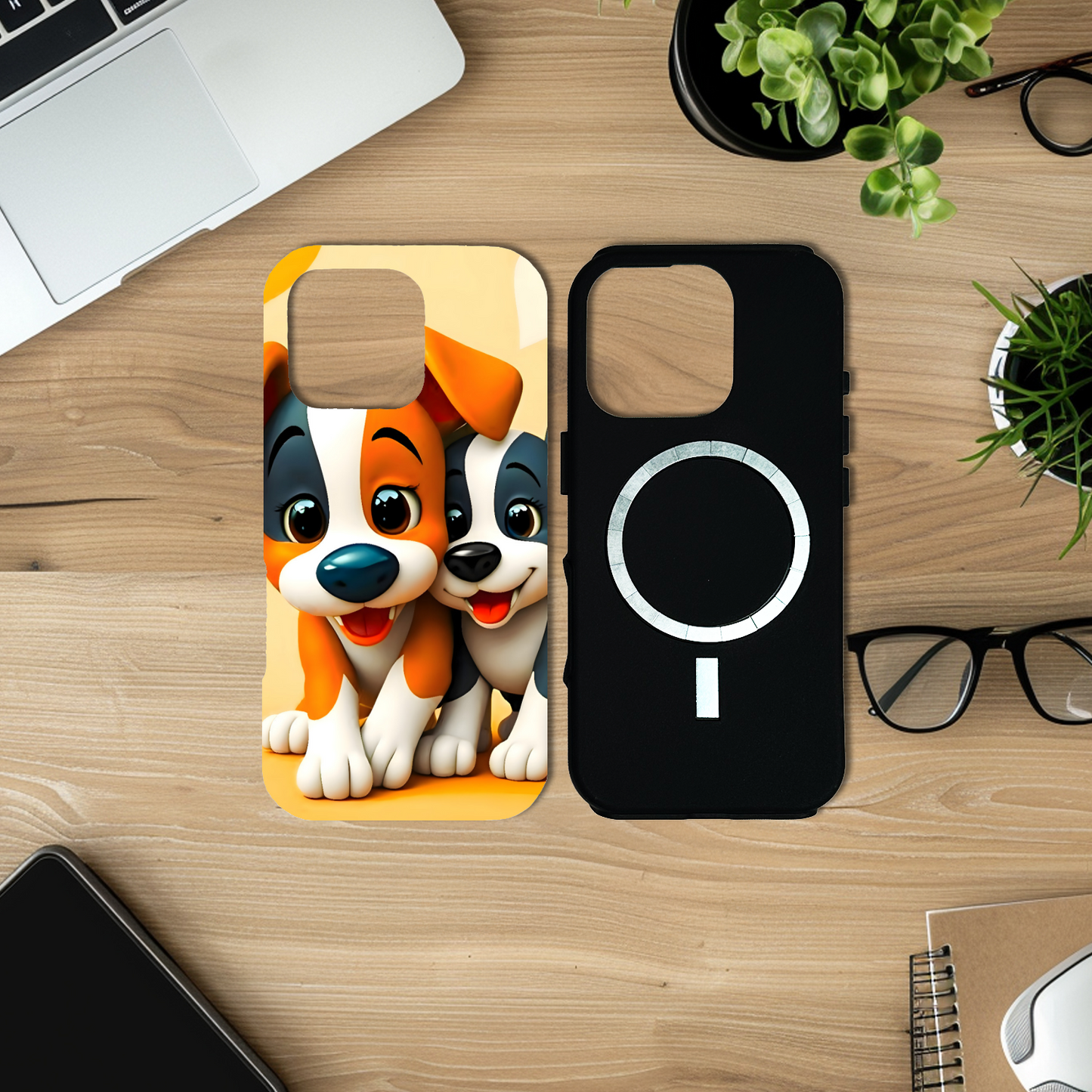 Two phone cases on a desk with one featuring cartoon dogs and the other black.