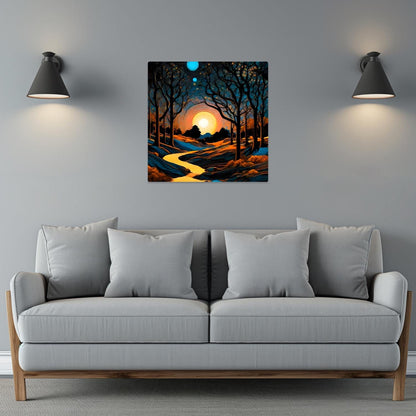 Gray sofa with decorative cushions in a room with wall art depicting a sunset over trees.