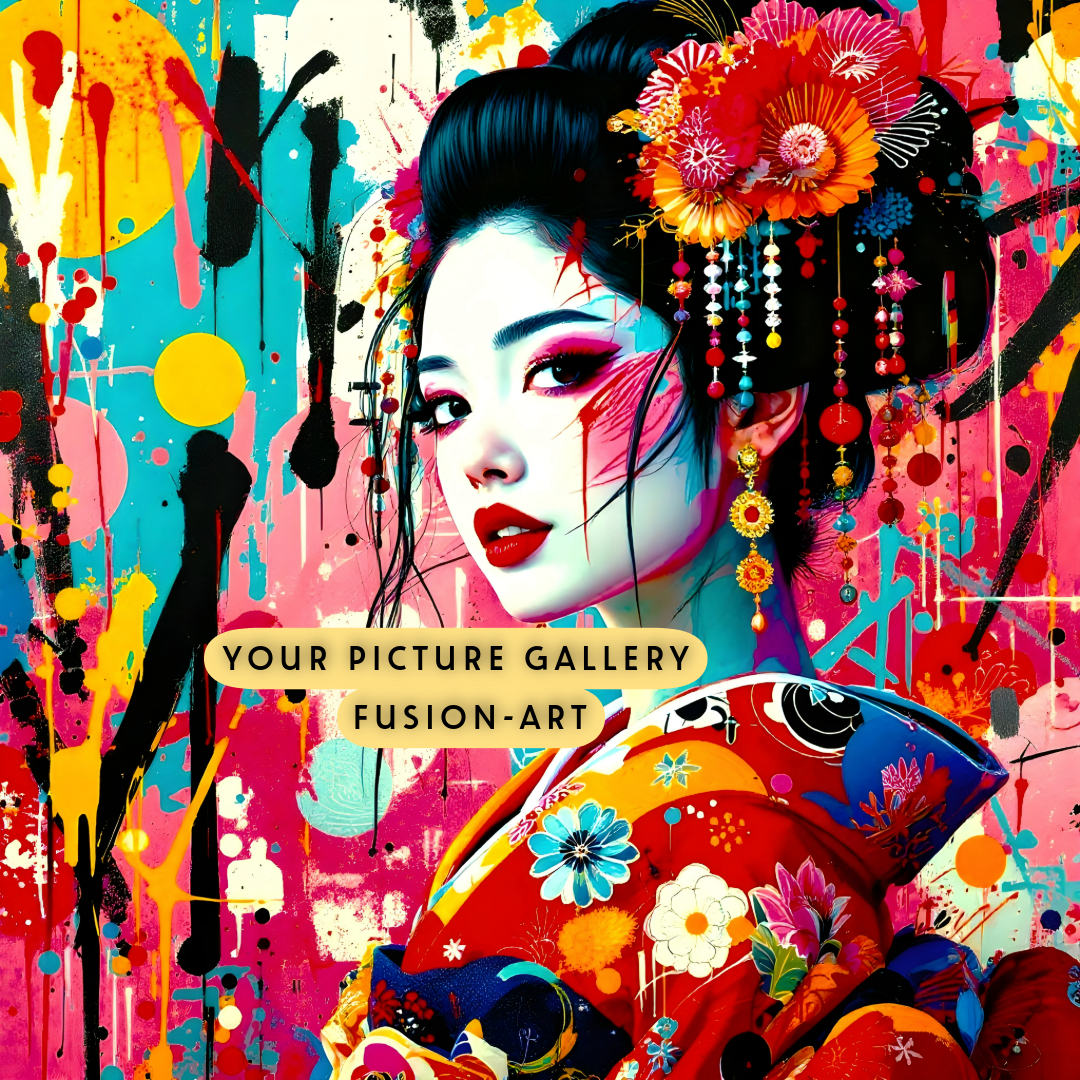 Colourful fusion art featuring a geisha girl with floral accessories and abstract elements.