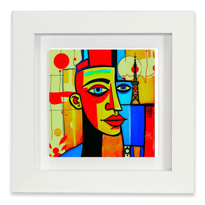 Framed colorful abstract art print of a stylized face on a white background