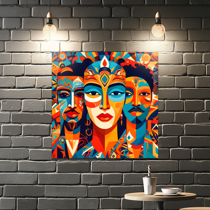 Colorful abstract art piece on a brick wall with a small table and cup below.