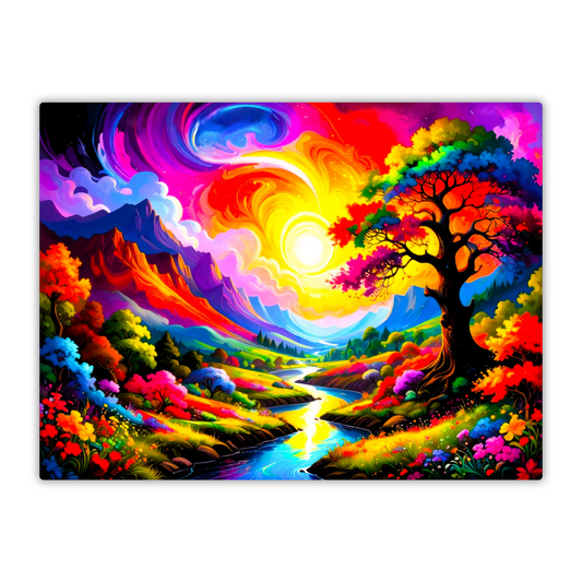 Colourful abstract landscape with trees and flowing river on a white background