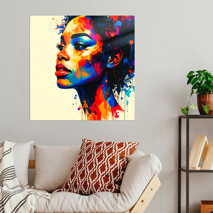 Colorful abstract painting of a woman's face on a wall above a sofa with patterned cushions.