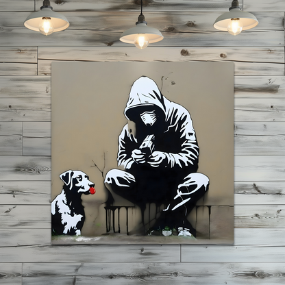 Stylized artwork of a hooded figure with a dog on a wooden wall.