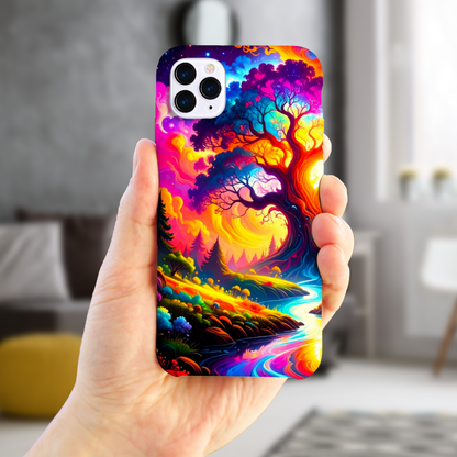 Phone case with a colorful abstract design held by a hand in a blurred indoor setting
