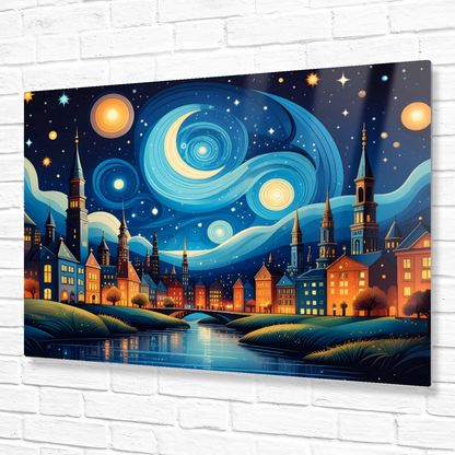 Futuristic cityscape with swirling blue and orange patterns on a white brick wall.