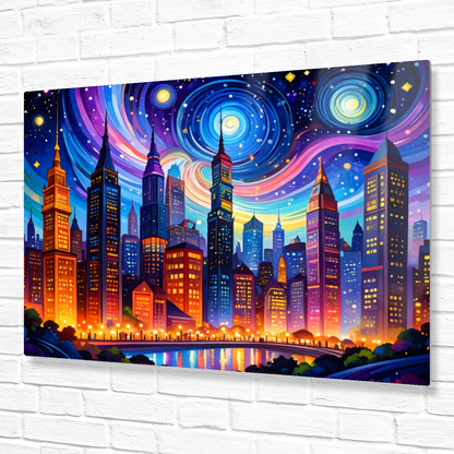 Colorful cityscape painting with tall buildings against a starry sky on a white brick wall.