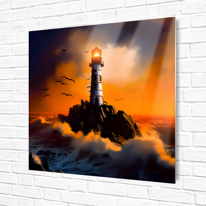Lighthouse painting on a white brick wall