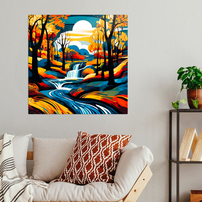 Colorful abstract landscape painting on a wall above a sofa with decorative pillows.