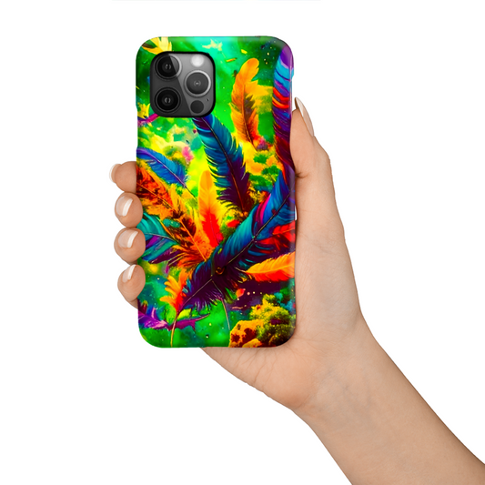 Phone case with colorful feather design held by a hand on a white background