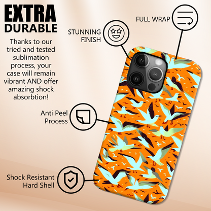 Phone case with colorful design and durability features on a beige background