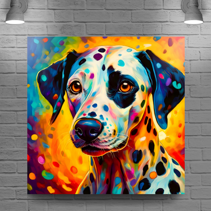 Colorful painting of a Dalmatian dog on a brick wall background