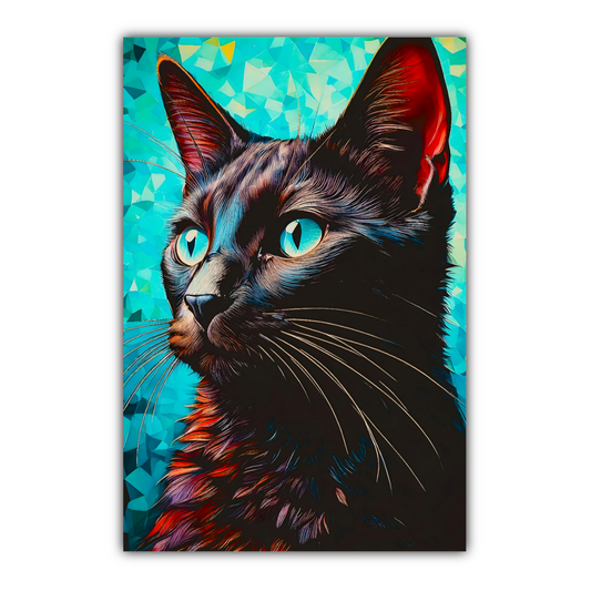 Colourful painting of a black cat with lovely blue eyes. 
