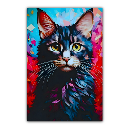 Colourful abstract painting of a cat on a white background