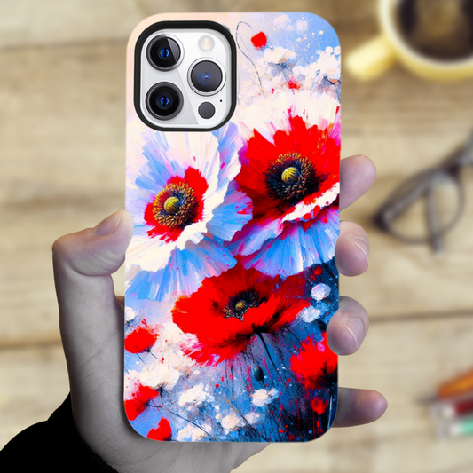 Red, White Poppy, MagSafe Tough iPhone Case, Full Wrap Technology, Crafted From Premium Polycarbonate, Unique Image...