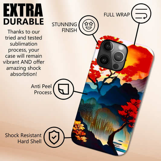 Phone case with scenic design and durability features on a beige background