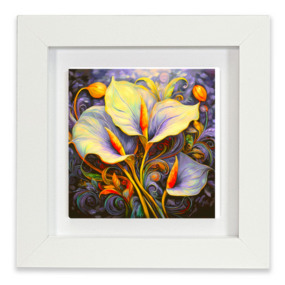 Framed artwork of colorful floral design on a white background